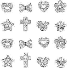 NBEADS 48 Pcs Mixed Shapes Alloy Rhinestone Slide Beads, 8 Types Crystal Crown Heart Butterfly Beads for DIY Craft Bracelet Wristbands Necklace Choker Jewelry Making