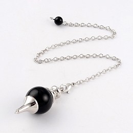 Honeyhandy Natural Obsidian Dowsing Pendulum Pendants, with Platinum Tone Brass Cross Chain & Lobster Claw Clasps, 225~240mm