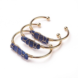 Honeyhandy Long-Lasting Plated Brass Cuff Bangles, with Natural Kyanite/Cyanite/Disthene, Nuggets, Golden, 1-3/8 inchx2-3/8 inch(3.8x6cm), 2.8mm