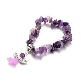 Honeyhandy Natural Amethyst Kids Bracelets, with Acrylic Bead and Antique Silver Alloy Findings, Lovely Wedding Dress Angel Dangle, 39mm