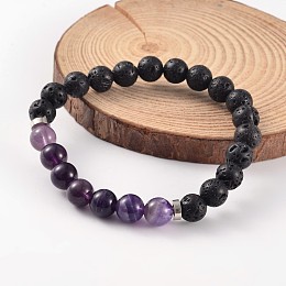 Honeyhandy Natural Lava Rock Beaded Stretch Bracelets, with Amethyst Beads and Brass Findings, Platinum, 58mm