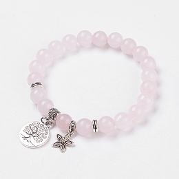 Honeyhandy Natural Rose Quartz Stretch Bracelets, with Alloy Pendants & Bead Spacers, Tree of Life and Flower, Burlap Packing, 2 inch(5cm)