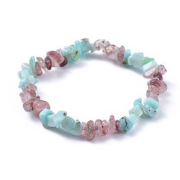 Honeyhandy Natural Amazonite & Strawberry Quartz Chip Stretch Bracelets, Inner Diameter: 2-1/8~2-1/4 inch(5.3~5.5cm)