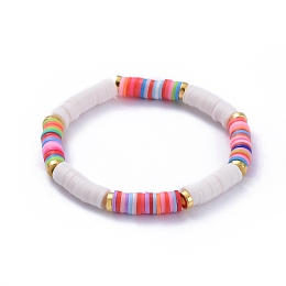 Honeyhandy Handmade Polymer Clay Heishi Beads Stretch Bracelets, with Alloy Spacer Beads, Colorful, 2-1/8 inch(5.4cm)