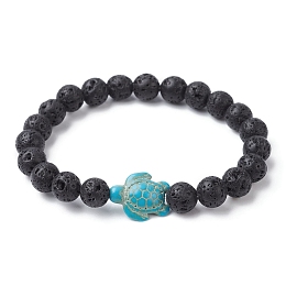 Honeyhandy Natural Lava Rock & Synthetic Turquoise Turtle Beaded Stretch Bracelet, Inner Diameter: 2-1/8 inch(5.5cm)