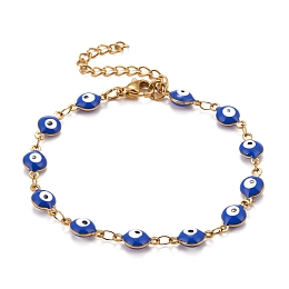 Honeyhandy Enamel Oval with Evil Eye Link Chains Bracelet, Vacuum Plating 304 Stainless Steel Jewelry for Women, Golden, Blue, 6-1/2 inch(16.5cm)