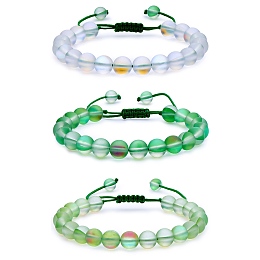 Honeyhandy 3Pcs Round Synthetic Moonstone Braided Bead Bracelets, Gemstone Jewelry for Women, Green, Inner Diameter: 1-7/8~3-1/4 inch(4.8~8.3cm)