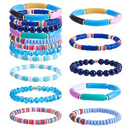 Honeyhandy 8Pcs 6 Style Synthetic Imperial Jasper & GLass Beaded Stretch Bracelets Set, Polymer Clay Heishi Surfer  Bracelets, Acrylic Curved Tube Chunky Bracelets for Women, Cornflower Blue, Inner Diameter: 2-1/8 inch(5.5cm)