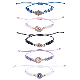 Honeyhandy 5Pcs 5 Style Rhinestone Evil Eye Link Bracelets Set with Glass & Resin Beaded, Adjustable Bracelets for Women, Mixed Color, Inner Diameter: 1~3-3/4 inch(2.5~9.5cm), 1Pc/style