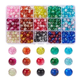 ARRICRAFT 450Pcs 15 Colors Spray Painted Crackle Glass Beads, Baking Painted Transparent Crackle Glass Round Beads, Two Tone, for Jewelry Making, Mixed Color, 8.5~9mm, Hole: 1.3~1.6mm, 30pcs/color