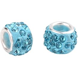 CHGCRAFT 100pcs Polymer Clay Rhinestone European Beads Aquamarine Large Hole Beads Silver Plated Brass Core Beads Rondelle Beads Necklace Bracelet Charming Beads Hole 5mm