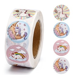 Honeyhandy Children Cartoon Stickers, Adhesive Labels Roll Stickers, Gift Tag, for Envelopes, Party, Presents Decoration, Flat Round, Colorful, Unicorn Pattern, 25mm, about 500pcs/roll