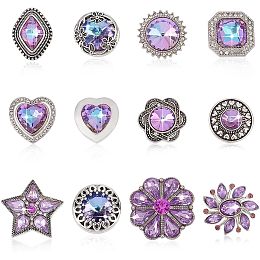 PandaHall Elite Rhinestones Jewelry Snaps, 12pcs Purple Snaps Charms Alloy Flower Snaps Buttons Mixed Snap Jewelry Accessories for Bracelets Necklaces Rings Brooch Making, 18.5-26.5mm