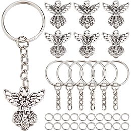 SUNNYCLUE 1 Box 90Pcs DIY 30 Set Guardian Angel Charm Keychain Christmas Angel Charms Bulk Tibetan Fairy Wing Keychain Making Kit Double Loop Round Spilt Metal Jump Rings Key Chain Antique Silver