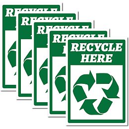 CREATCABIN 5pcs Recycle Here Sign 7" x 10" Decals Vinyl Warning Stickers Self Adhesive Signs Label UV Protected Waterproof for Outdoor Restaurants Streets Trash Can