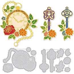 GLOBLELAND Vintage Pocket Watch Flowers Hot Foil Plate Key Flower Hot Foil Embossing Plate Carbon Steel Foil Paper Embossing Template for Scrapbooking Decor Card Making Matte Platinum