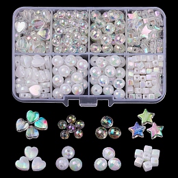 Eco-Friendly Transparent & Opaque Poly Styrene Acrylic Beads Set, AB Color, Round & Cube & Star & Heart, Clear AB, 355pcs/box