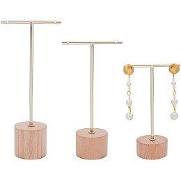 FINGERINSPIRE Gold Metal 3 Pcs T Bar Earring Display Stand with Wooden Base Jewelry Holders Hanging Jewelry Organizer for Store Retail Photography Props【Gold- Round Base, 6.3&5.5&4.6 Inch Height】