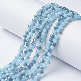 Honeyhandy Electroplate Glass Beads Strands, Imitation Jade, Half Purple Plated, Faceted, Rondelle, Light Sky Blue, 6x5mm, Hole: 1mm, about 92~94pcs/strand, 17~17.5 inch(42.5~43.75cm)