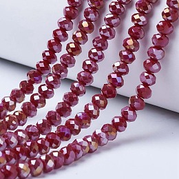 Electroplate Glass Beads Strands, Opaque Solid Color, AB Color Plated, Faceted, Rondelle, Brown, 3.5x3mm, Hole: 0.4mm, about 123~127pcs/strand, 13.7~14.1 inch(35~36cm)