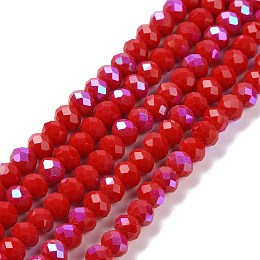 Honeyhandy Electroplate Opaque Solid Color Glass Beads Strands, Half Rainbow Plated, Faceted, Rondelle, Dark Red, 8x6mm, Hole: 1mm, about 65~68pcs/strand, 15.7~16.1 inch(40~41cm)