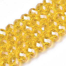 Honeyhandy Electroplate Glass Beads Strands, Pearl Luster Plated, Faceted, Rondelle, Yellow, 4x3mm, Hole: 0.4mm, about 123~127pcs/strand, 16.5~16.9 inch(42~43cm)