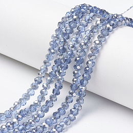 Honeyhandy Electroplate Transparent Glass Beads Strands, Half Gray Plated, Faceted, Rondelle, Cornflower Blue, 4x3mm, Hole: 0.4mm, about 123~127pcs/strand, 16.5~16.9 inch(42~43cm)