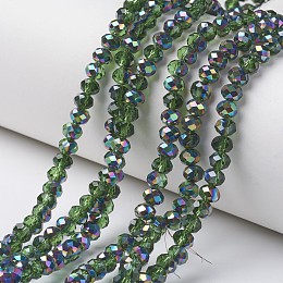 Honeyhandy Electroplate Transparent Glass Beads Strands, Half Multi-color Plated, Faceted, Rondelle, Olive Drab, 6x5mm, Hole: 1mm, about 92~94pcs/strand, 17~17.5 inch(42.5~43.75cm)