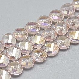 Honeyhandy Electroplate Glass Beads Strands, Rainbow Plated, Faceted, Flat Round, Pink, 8x5mm, Hole: 1.2mm, about 69~72pcs/strand, 21.26 inch