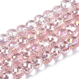 Arricraft Electroplate Transparent Glass Beads Strands, AB Color Plated, Faceted, Round, Pink, 8x6mm, Hole: 1.2mm, about 79pcs/strand, 19.29 inch(49cm)