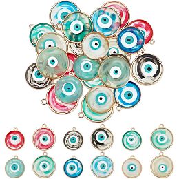 Arricraft 24 Pcs 12 Styles Evils Eye Charm, Mixed Color Alloy Evils Eye Beads Resin Flat Round Charms Jewelry Accessaries for DIY Jewelry Earring Necklace Craft Making