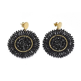 Honeyhandy Handmade Woven Glass Beads Dangle Stud Earrings, with 304 Stainless Steel Findings and Ear Nuts/Earring Back, Flat Round, Golden, Black, 57mm, Pin: 0.6mm