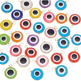 Arricraft 30 Pcs Evils Eye Charms, Colorful Evils Eye Resin Pendants Copper Wire Wrapped Flat Round Bead Charms for DIY Necklace Bracelet Jewelry Making