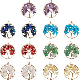 SUPERFINDINGS 14Pcs 7 Styles Tree of Life Gemstones Pendant Flat Round Tree Charm Crystals Gemstones Copper Wire Wrapped Charms Life of Tree Pendant Charms for Jewelry Making, Hole: 3.2~3.5mm