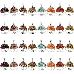 SUPERFINDINGS 32Pcs 8 Style Tree of Life Gemstone Pendants Flat Round Pendant Natural Chakra Necklace Charm Healing Stone Earring Charm for DIY Jewelry Bracelet Craftsmanship Gift