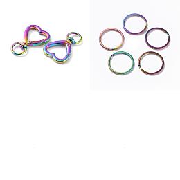 PandaHall Elite 10Pcs Heart Alloy Swivel Clasps, with 10Pcs Ion Plating(IP) 304 Stainless Steel Split Key Rings, Rainbow Color, Clasps: 41.5x26.5x6mm, Hole: 11x10mm; Key Rings: 25x2mm