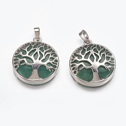 Honeyhandy Natural Green Aventurine Pendants, with Brass Finding, Flat Round with Tree of Life, Platinum, 31x27x6mm, Hole: 5x8mm