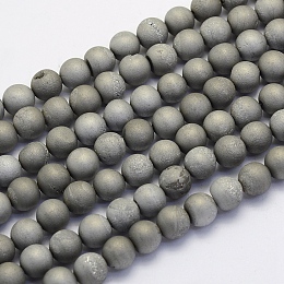 Honeyhandy Electroplate Natural Druzy Agate Beads Strands, Round, Frosted, Platinum Plated, 8mm, Hole: 1mm, about 45~48pcs/strand, 14.9 inch(38cm)