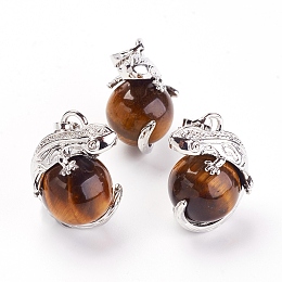 Honeyhandy Natural Tiger Eye Pendants, with Brass Findings, Lizard, Platinum, 28x20.5x16mm, Hole: 5x8mm