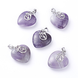 Honeyhandy Natural Amethyst Pendants, with Platinum Tone Brass Ice Pick Pinch Bails, Heart, 31~32x25~26x11~12mm, Hole: 7x5mm