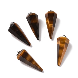 Honeyhandy Natural Tiger Eye Pendants, with Platinum Plated Brass Findings, Faceted, Cone, 35~36x13~14x12~12.5mm, Hole: 2.7x6.5mm