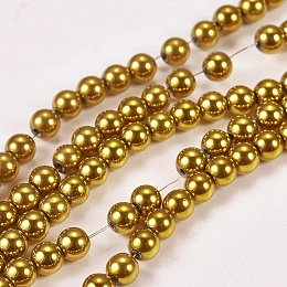 Honeyhandy Electroplate Non-magnetic Synthetic Hematite Beads Strands, Round, Grade A, Golden Plated, 4mm, Hole: 1mm, about 100pcs/strand, 16 inch