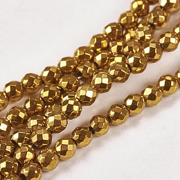 Honeyhandy Electroplate Non-magnetic Synthetic Hematite Beads Strands, Faceted, Round, Grade A, Golden Plated, 3mm, Hole: 1mm, about 127pcs/strand, 16 inch