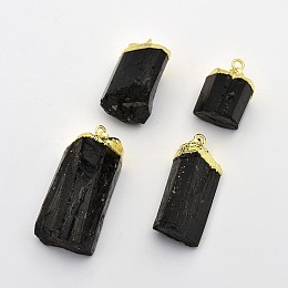 Honeyhandy Golden Tone Brass Tourmaline Pendants, Black, 26~46x16~28x11~25mm, Hole: 5x7mm