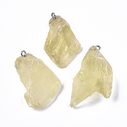 Honeyhandy Natural Lemon Quartz Pendants, Rough Raw Stone, with 304 Stainless Steel Loops, Nuggets, 25~45x20~31x10~20mm, Hole: 2mm