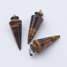 Honeyhandy Natural Tiger Eye Pendants, with Platinum Tone Brass Findings, Cone/Spike/Pendulum, 43~45x16mm, Hole: 5x7mm