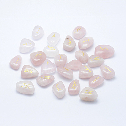 Natural Rose Quartz Beads, Tumbled Stone, Nuggets Carved with Runes/Futhark/Futhorc, No Hole/Undrilled, 22~30x16~23x8.5~12.5mm, 25pcs/set