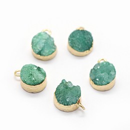 Honeyhandy Natural Druzy Quartz Charms, with Brass Findings, Flat Round, Golden, Sea Green, 10~11x7~8x3~9mm, Hole: 2mm