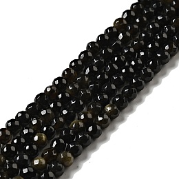 Honeyhandy Natural Golden Sheen Obsidian Beads Strands, Round, Faceted, 4mm, Hole: 1mm, about 90~93pcs/strand, 13.58''~14.57''(34.5~37cm)