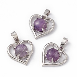 Honeyhandy Natural Amethyst Pendants, Heart Charms, with Platinum Tone Brass Findings, Cadmium Free & Nickel Free & Lead Free, 21.5x19.5x7.5~8mm, Hole: 7.5x5mm